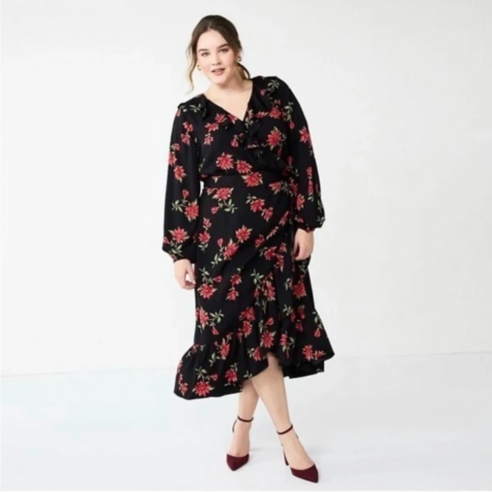 DRAPER JAMES RSVP‎ NWT Long Sleeve Ruffle Midi Wrap Floral Dress - Picture 3 of 7